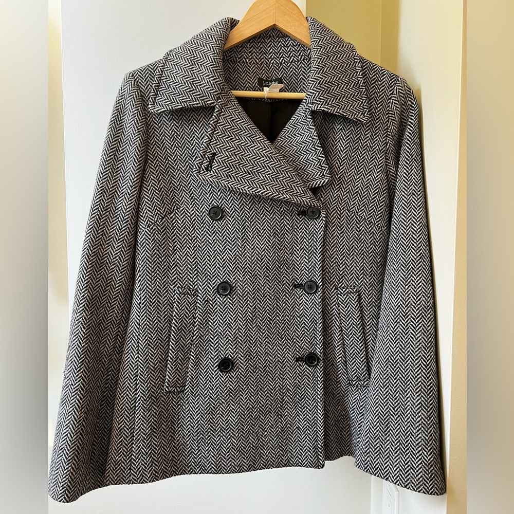 J CREW FACTORY Herringbone Double‎ Breasted Wool Pea Coat Classic Preppy S